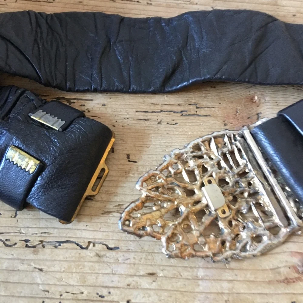 Vintage Leather Belt w/ Ornate Gold Brass Buckle